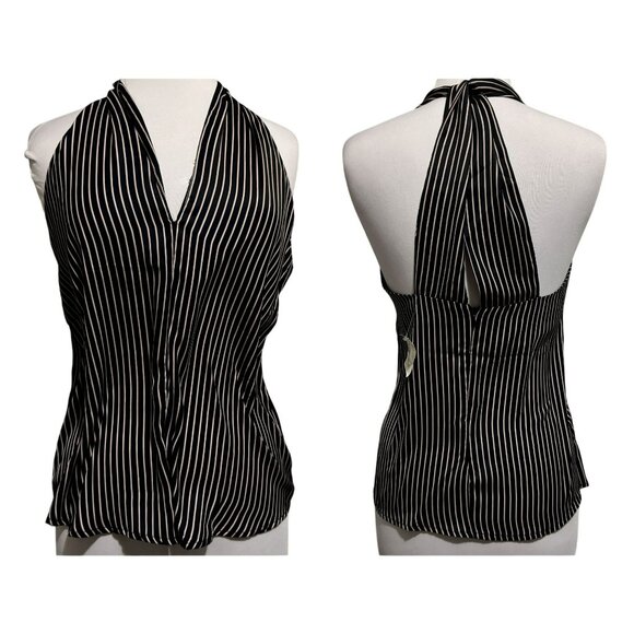 Bishop +  Young Dakota Silky Black Striped V Neck Racerback Top Sz S Trendy - Picture 1 of 9